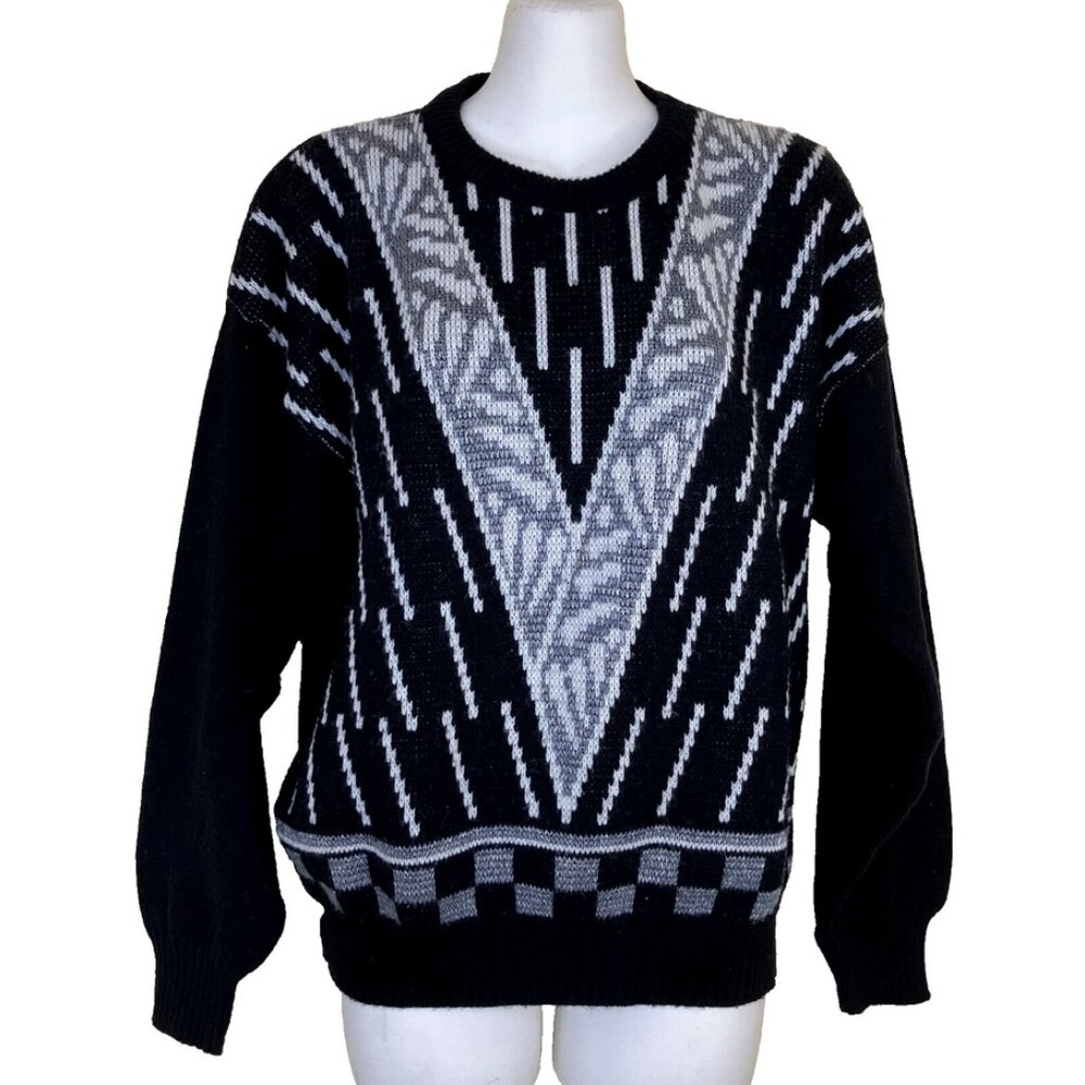 Cooper Black & White Geometric Knit Pullover Sweater Vintage 90s Made in Canada